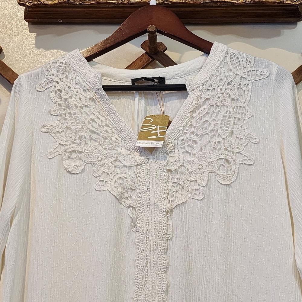 Suzanne Betro Tunic Blouse Cream White Medium NWT Crochet Lace Boho Bell Sleeve - Picture 11 of 16